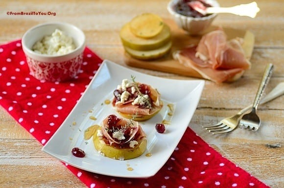 Bruleed Pears with Prosciutto, Cranberry Sauce, and Goat Cheese — Holiday Appetizer