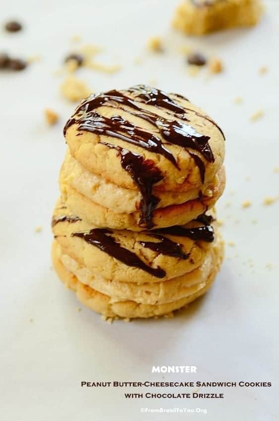 Monster Peanut ButterCheesecake Sandwich Cookies with Chocolate Drizzle Easy and Delish