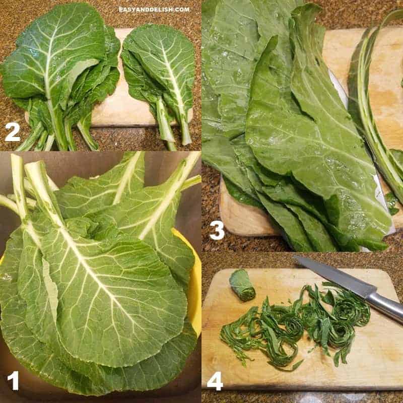 collage image showing in 4 steps how to clean and cut collard greens properly in order to make couve a mineira or fried collard greens