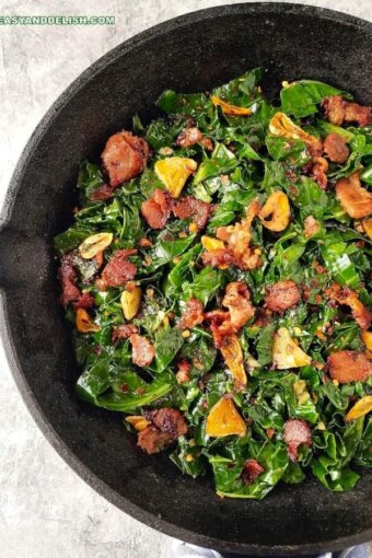 a skillet with fried collard greens and bacon