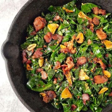 a skillet with fried collard greens and bacon