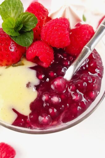 close up of red wine tapioca pudding in a glass