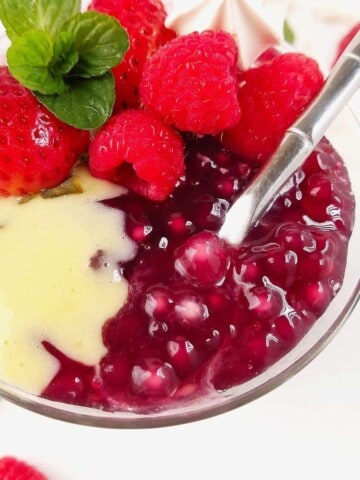 close up of red wine tapioca pudding in a glass