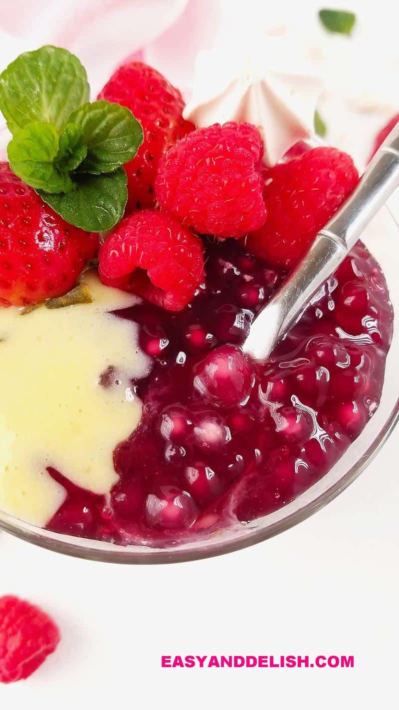 close up of red wine tapioca pudding in a glass