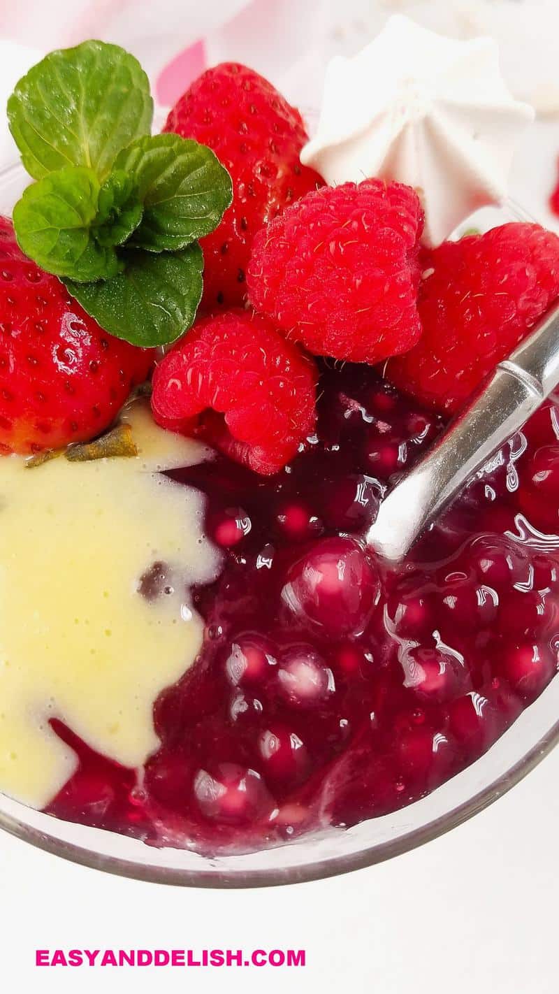 close up of red wine tapioca pudding (sagu de vinho) with creme anglaise