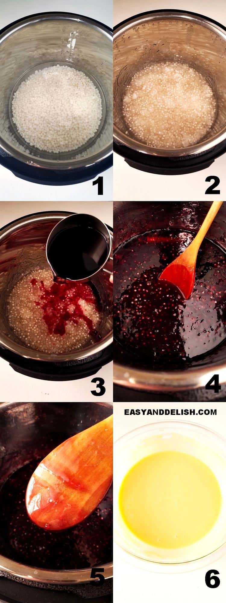 photo collage shpowing how to make red wine tapoioca pudding in the Instant Pot step-by-step 