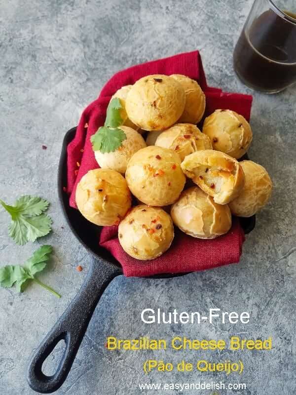 Pão de queijo Brazilian cheese rolls in a cast iron skillet