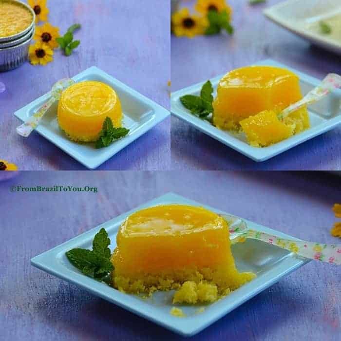 A photo collage of Brazilian Coconut Egg Custard with a glistering surface and bright yellow color. 