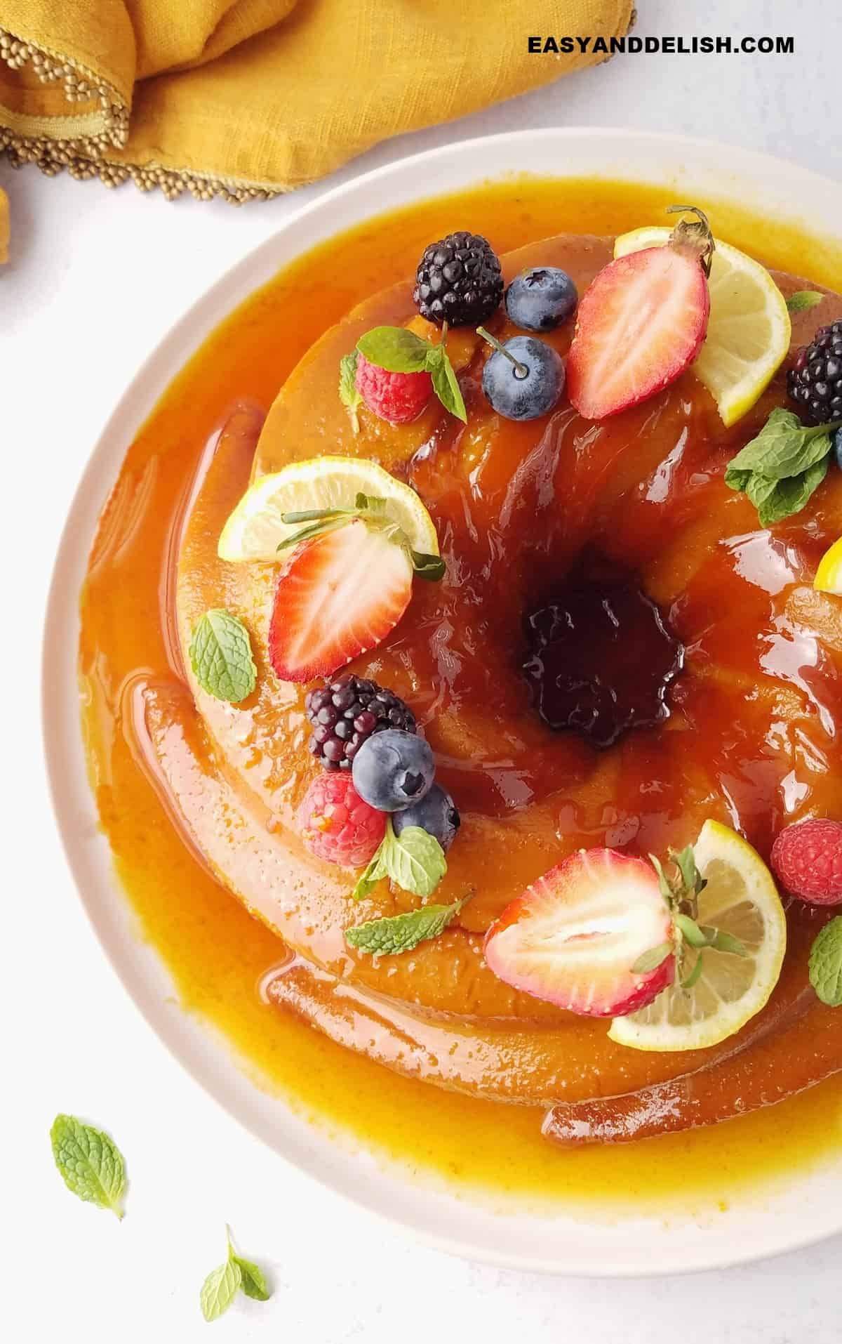 close up of garnished dessert in a platter.