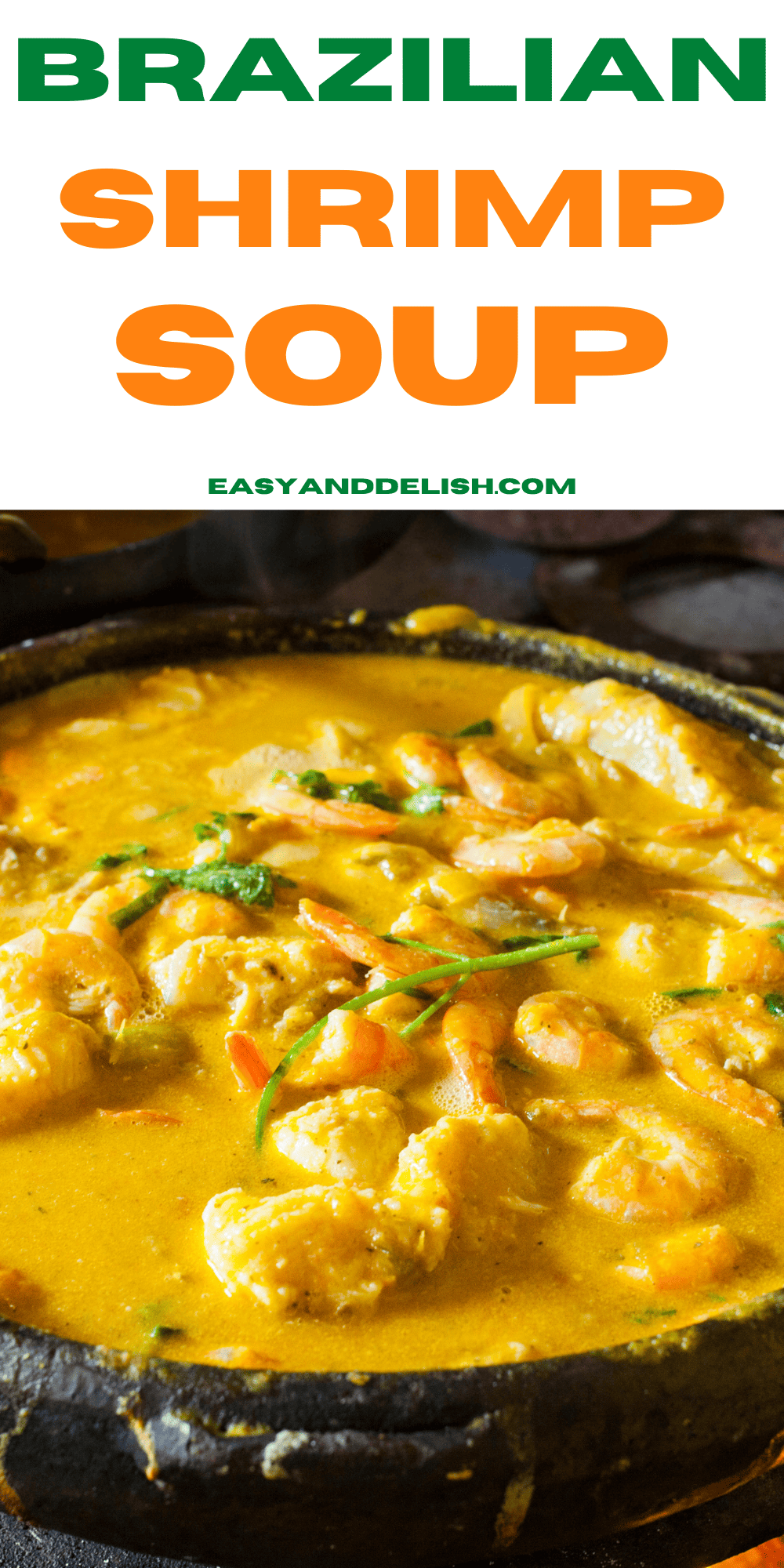 close up image of pin with Brazilian shrimp soup in a rustic pan.