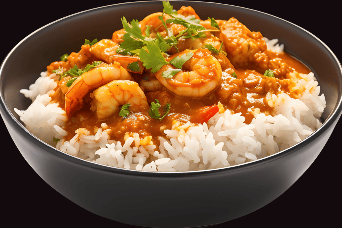 Brazilian shrimp soup over white rice in a bowl.