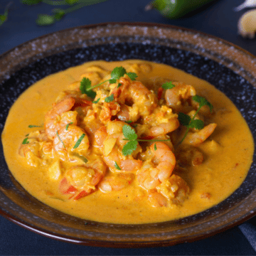 a plate of Brazilian shrimp soup (bobó de camarão).