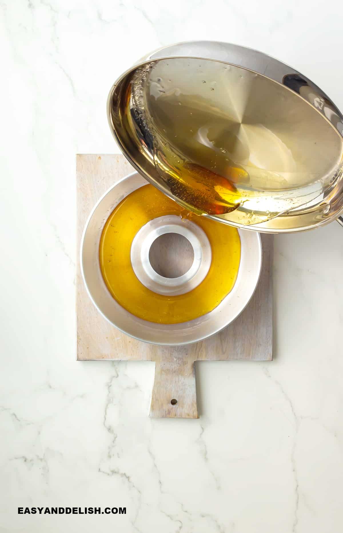 caramel sauce poured into a baking pan.