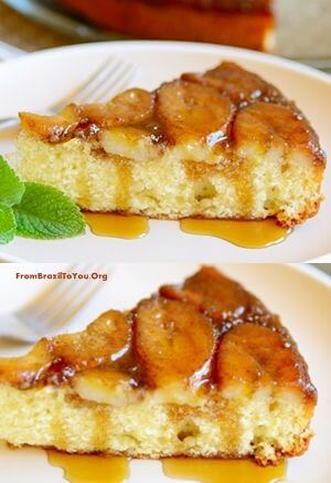 long image of a slice of spiced banana upside down cake with caramel pouring on the sides