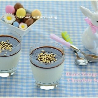 Blanc-Mange or Manjar Branco on a blue checkered tablecloth with Easter decorations