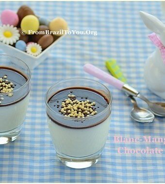 Blanc-Mange or Manjar Branco on a blue checkered tablecloth with Easter decorations