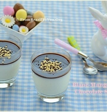 Blanc-Mange or Manjar Branco on a blue checkered tablecloth with Easter decorations