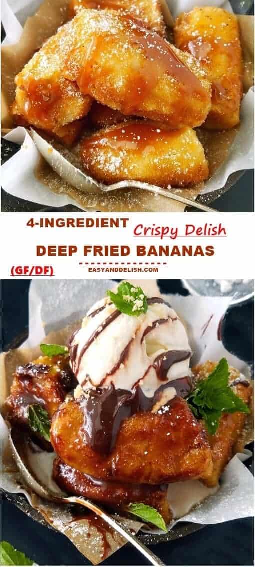 2 close up images of deep fried bananas or banana empanada, one served as a side dish and the other as a dessert with ice cream