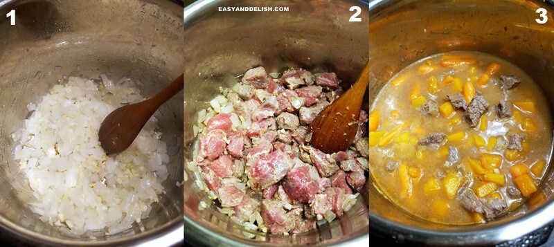 3 photo collage showing step-by-step how to make picadinho, low carb Brazilian beef stew in the pressure cooker