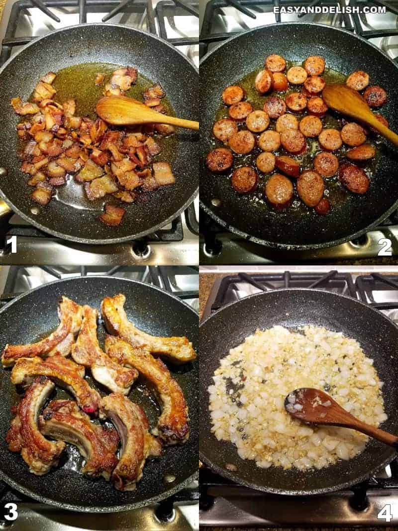 4 photo collage showing how to make feijoada on the stovetop