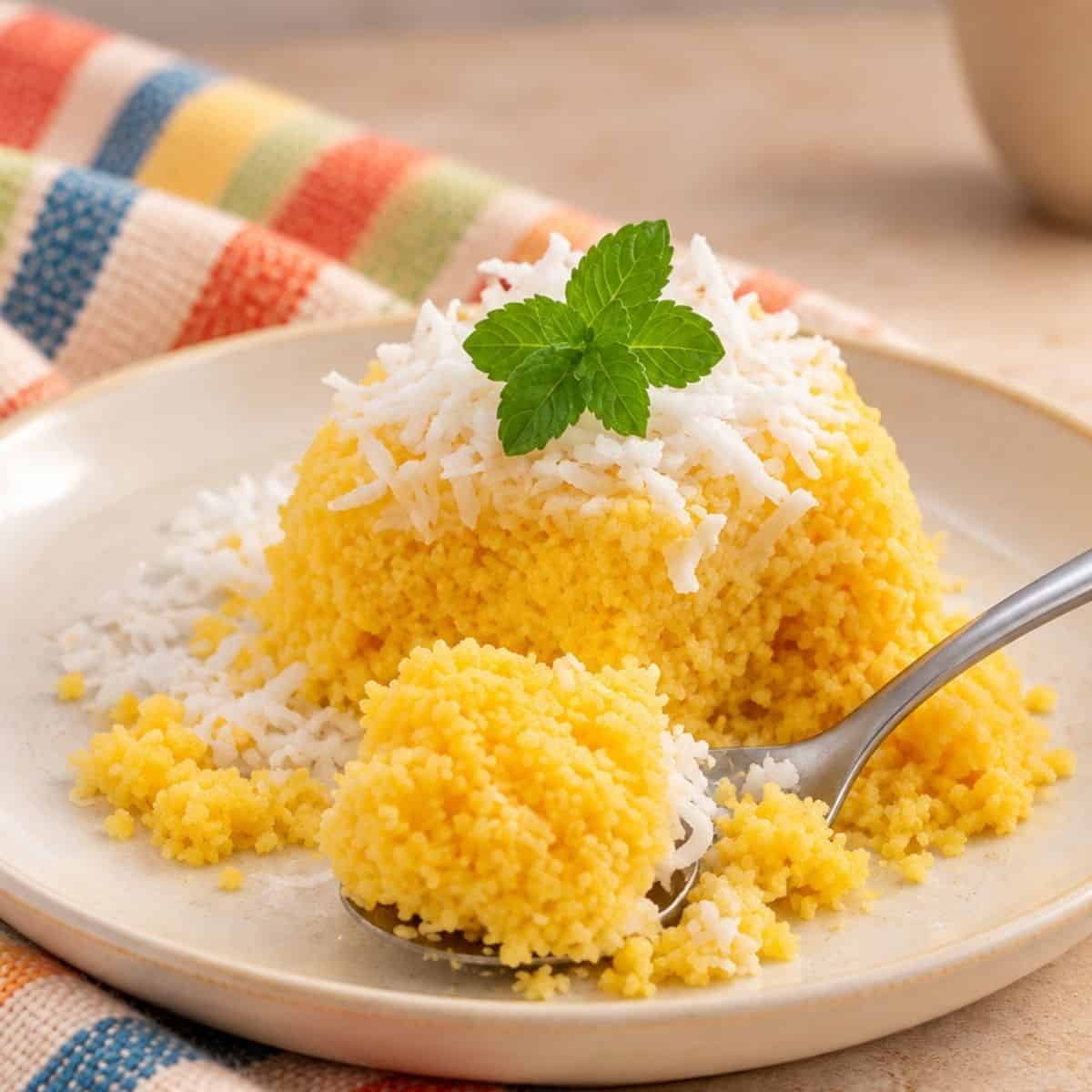 Spoonful taken from a yellow Cuscuz topped with shredded coconut and fresh mint.