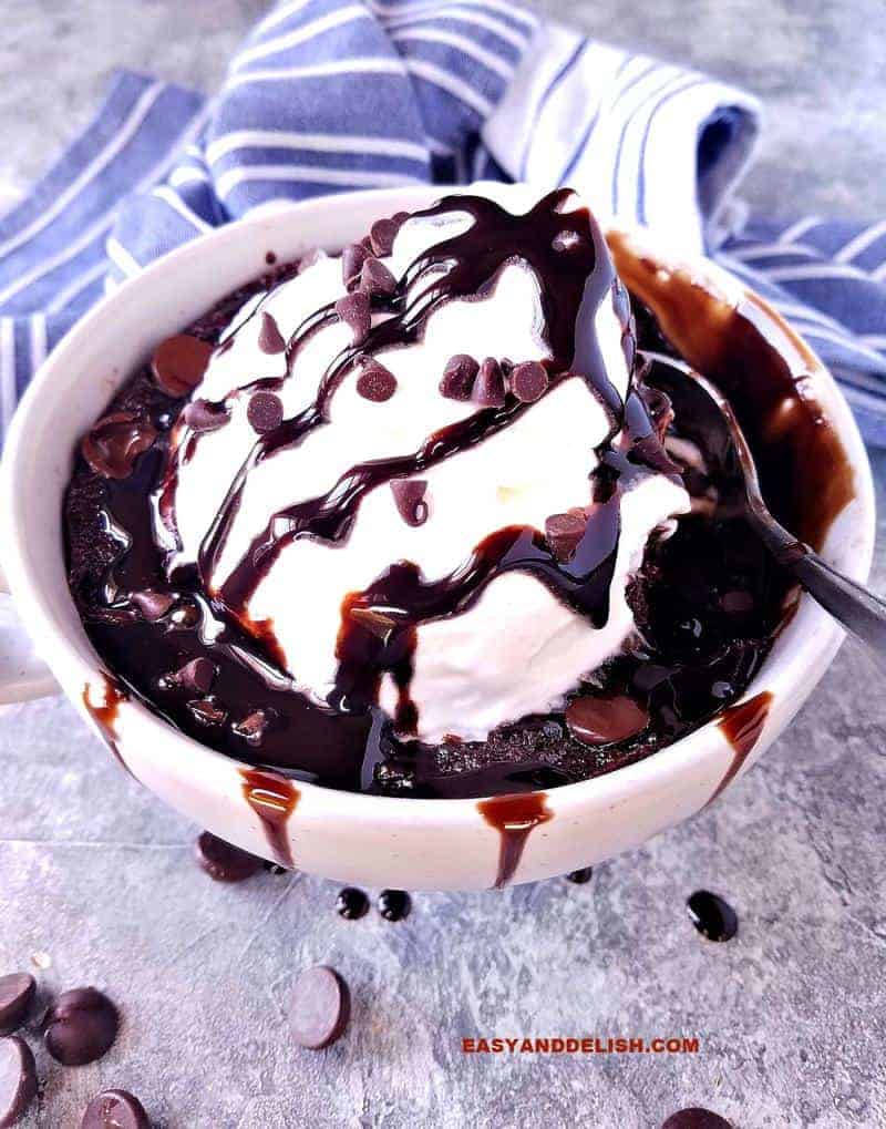 mug cake topped with whipped cream and chocolate sauce