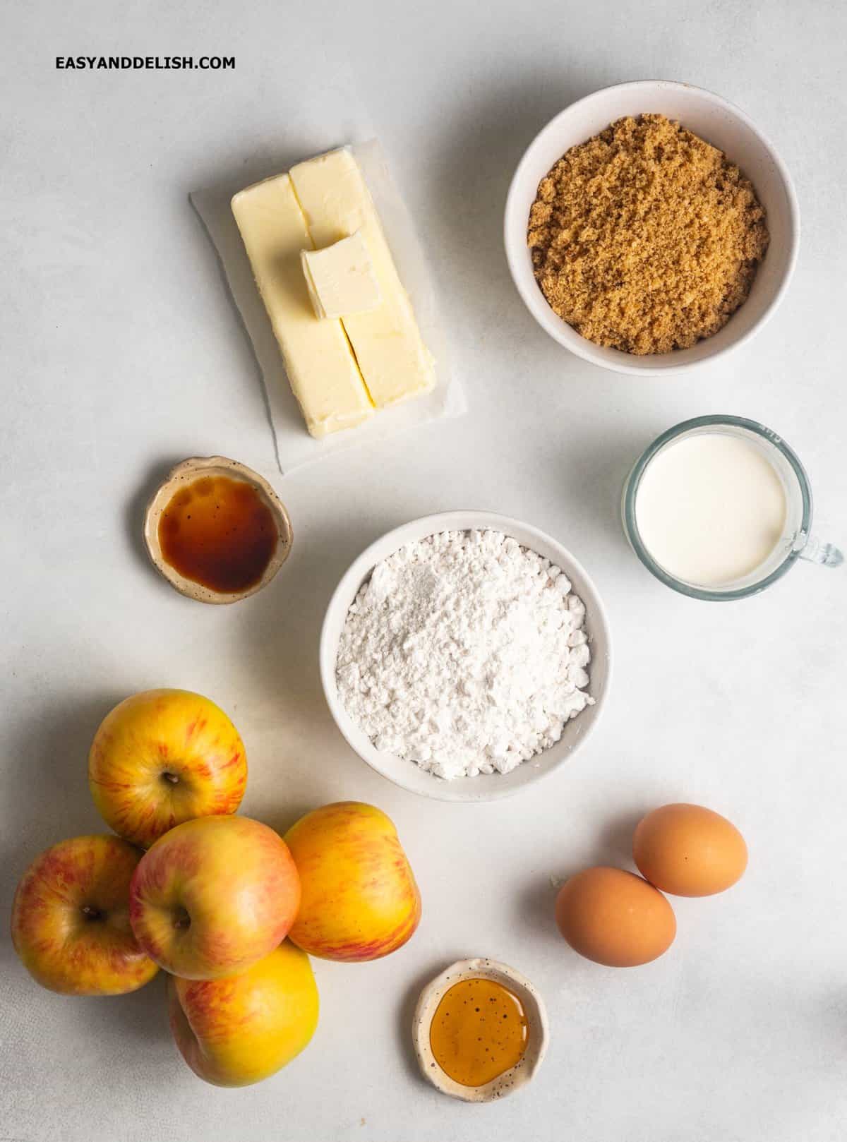 apple streusel cake batter ingredients on a table. 