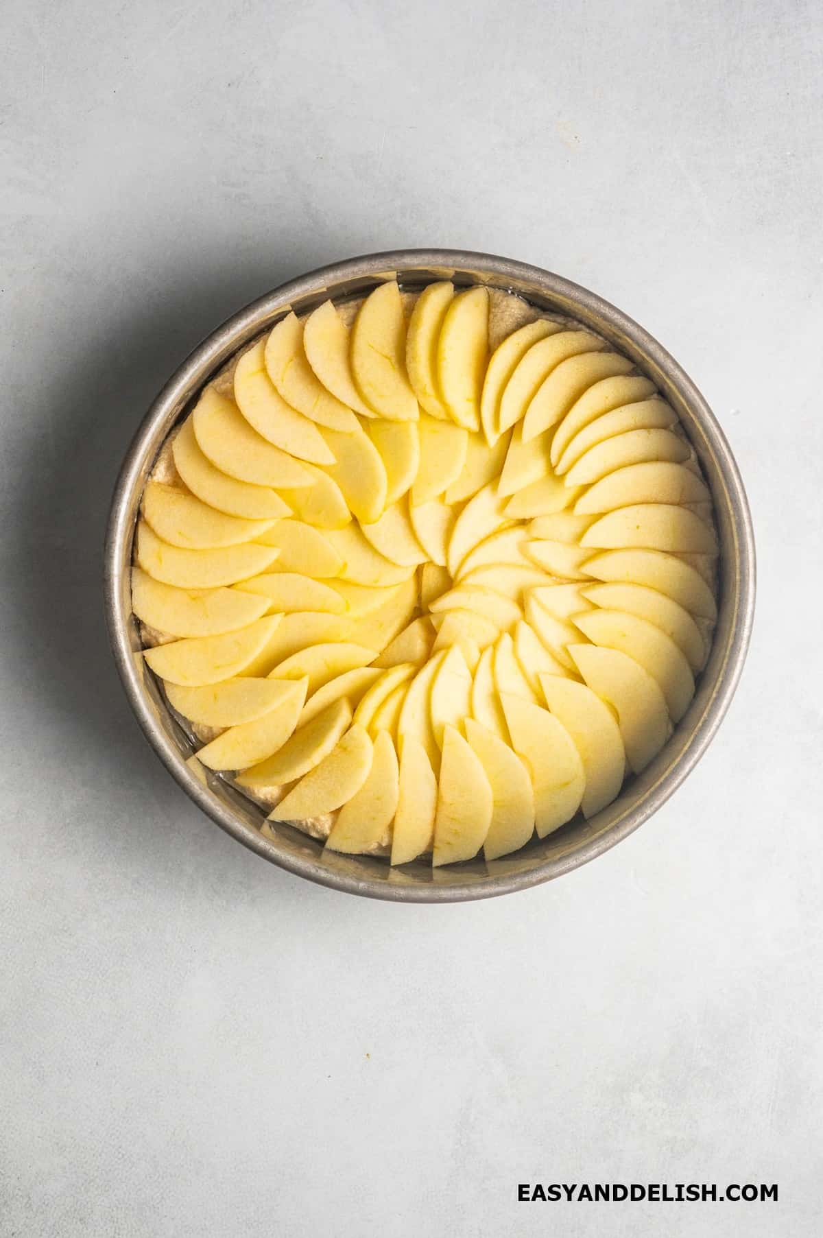 sliced apples arranged in a layer into the baking pan. 