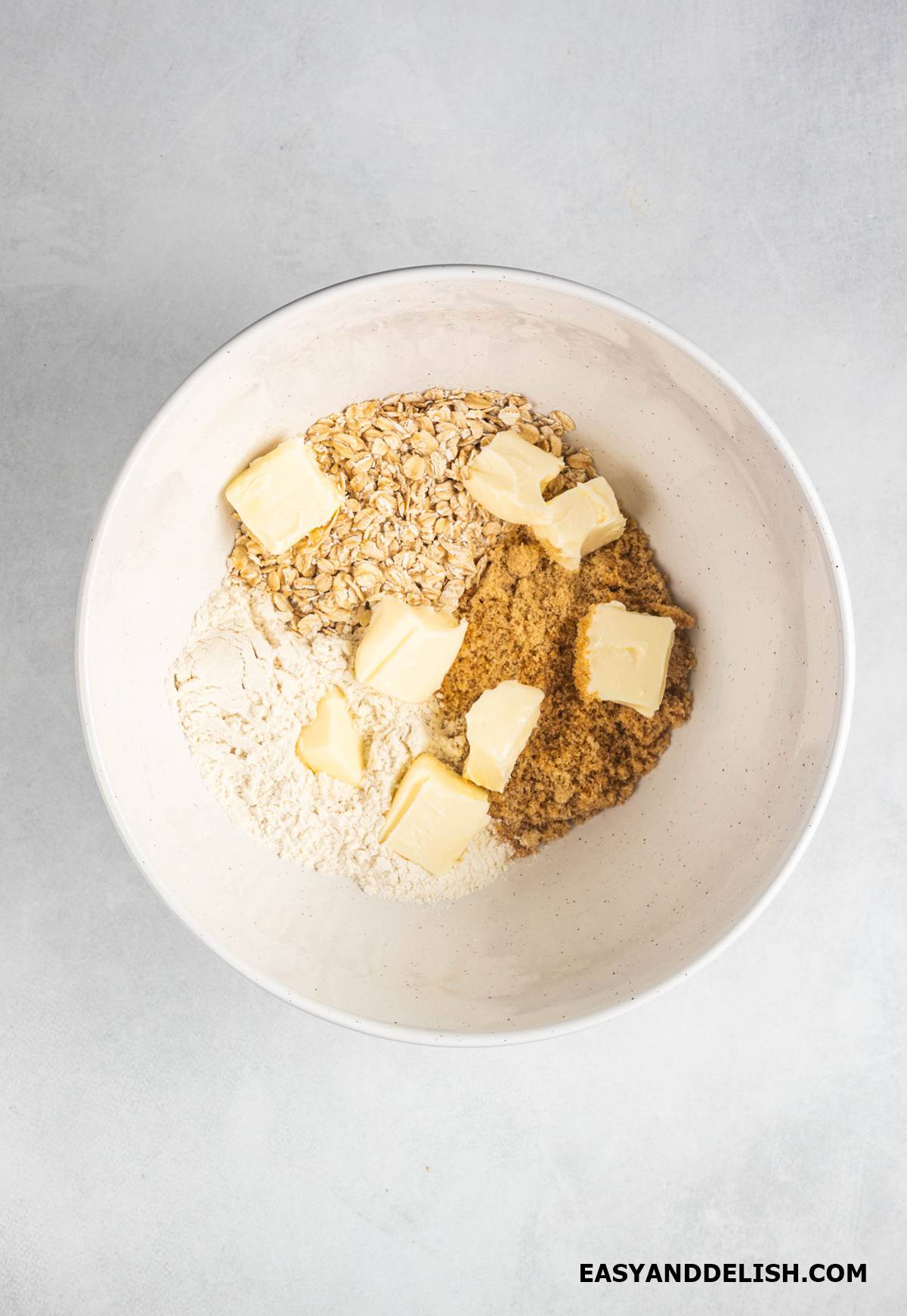 oat streusel ingredients combined in a bowl. 