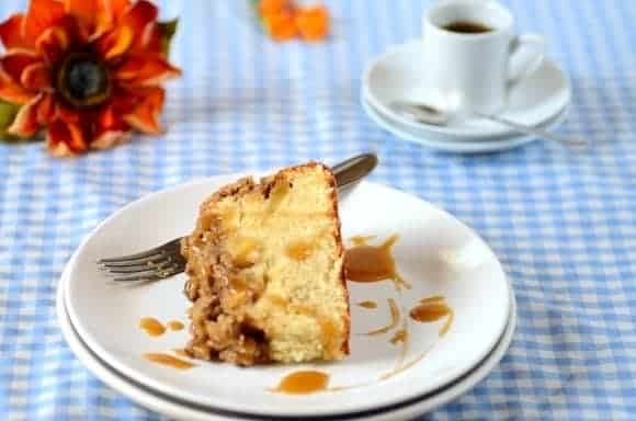 A slice of apple streusel cake in a plate