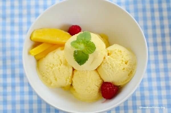 Several scoops of our frozen fruit dessert recipe made with condensed milk in a bowl.