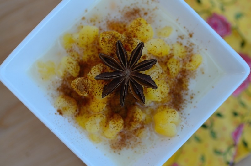 A bowl of corn pudding (close up)