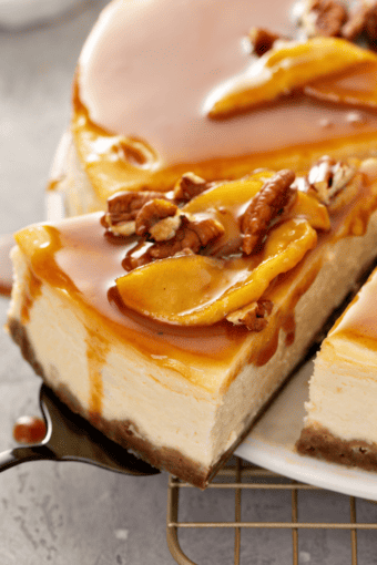 close up of a slice of low-carb caramel apple cheesecake.