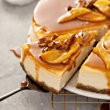 close up of a slice of low-carb caramel apple cheesecake.
