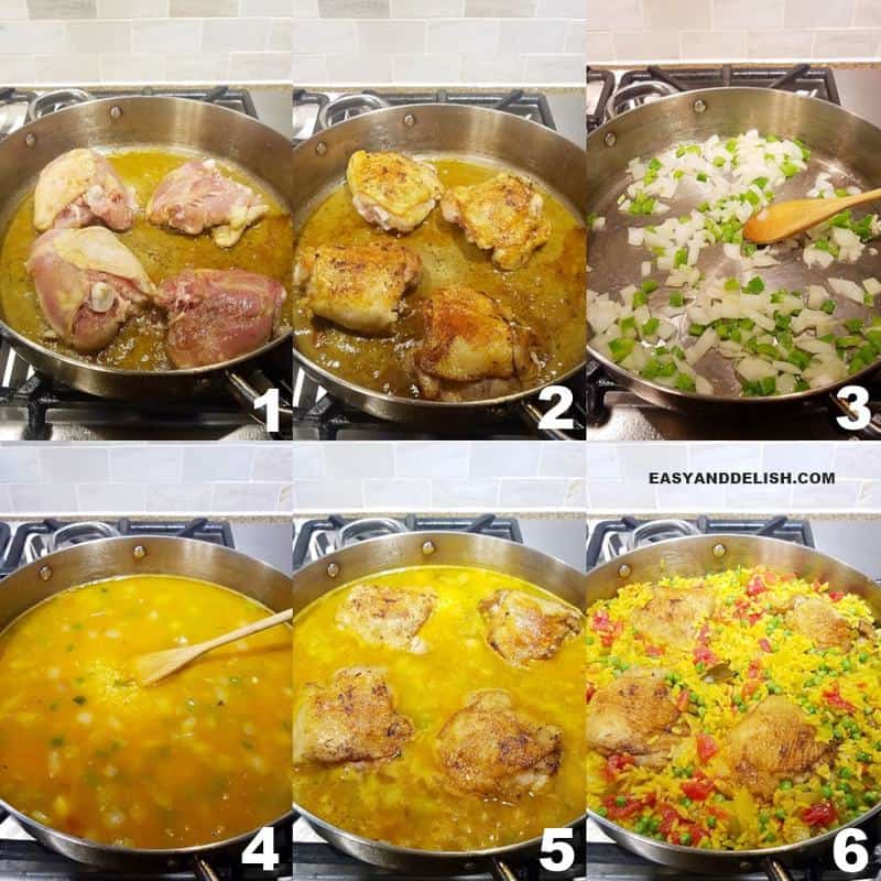 a collage image showing in 6 steps how to make galinhada (saffron rice with chicken)