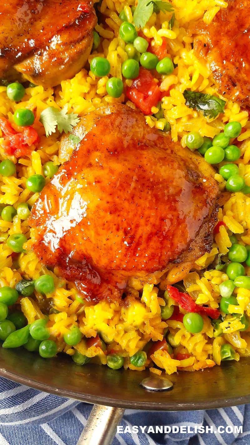 rice with chicken and vegetables in a pan 