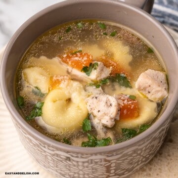 close up of a bowl of chicken tortellini soup