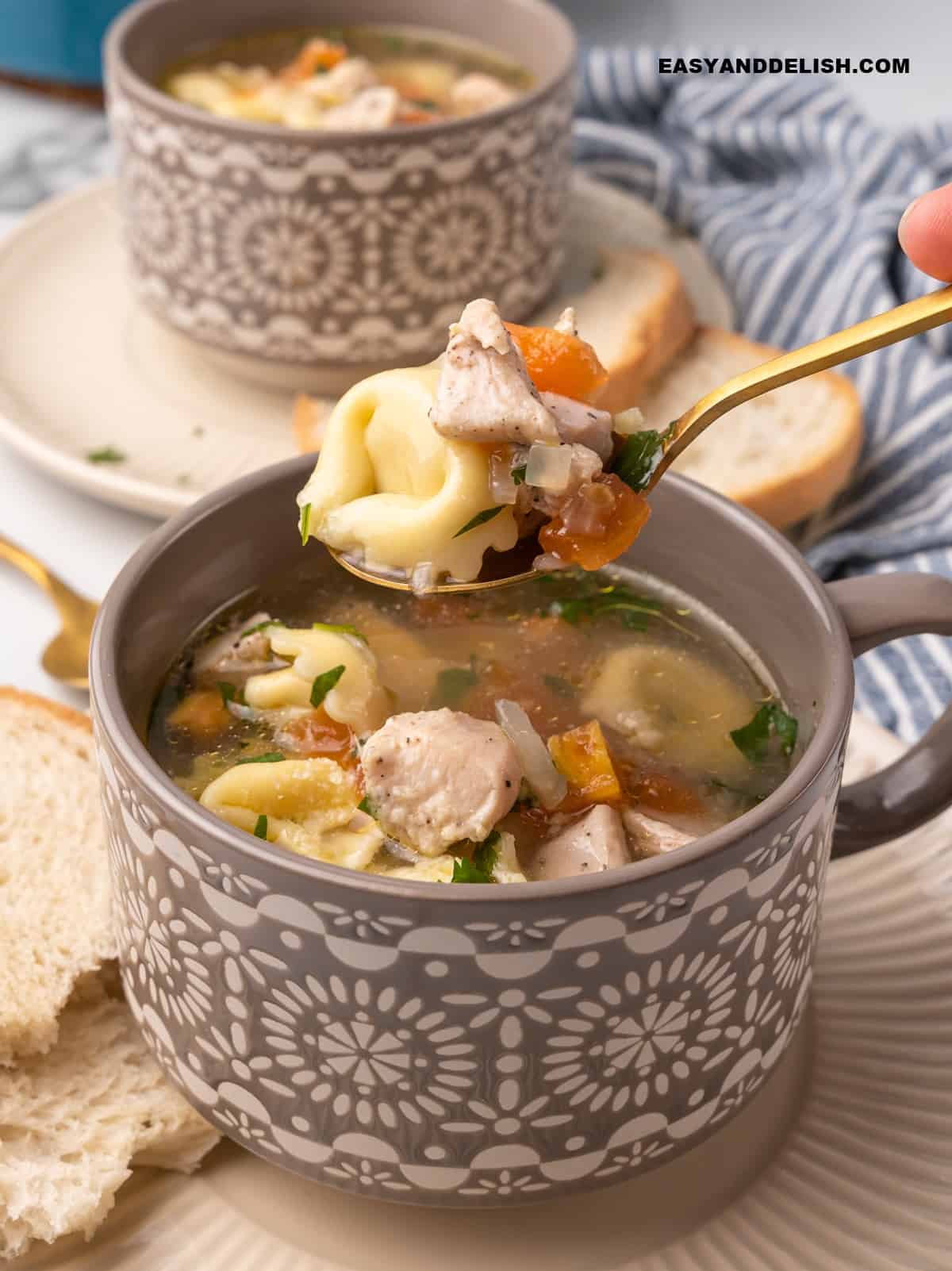 a full spoon of chicken tortellini soup held over a bowl of soup.