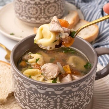 a full spoon of chicken tortellini soup held over a bowl of soup.