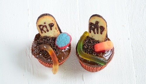 Cupcakes decorated as graveyards