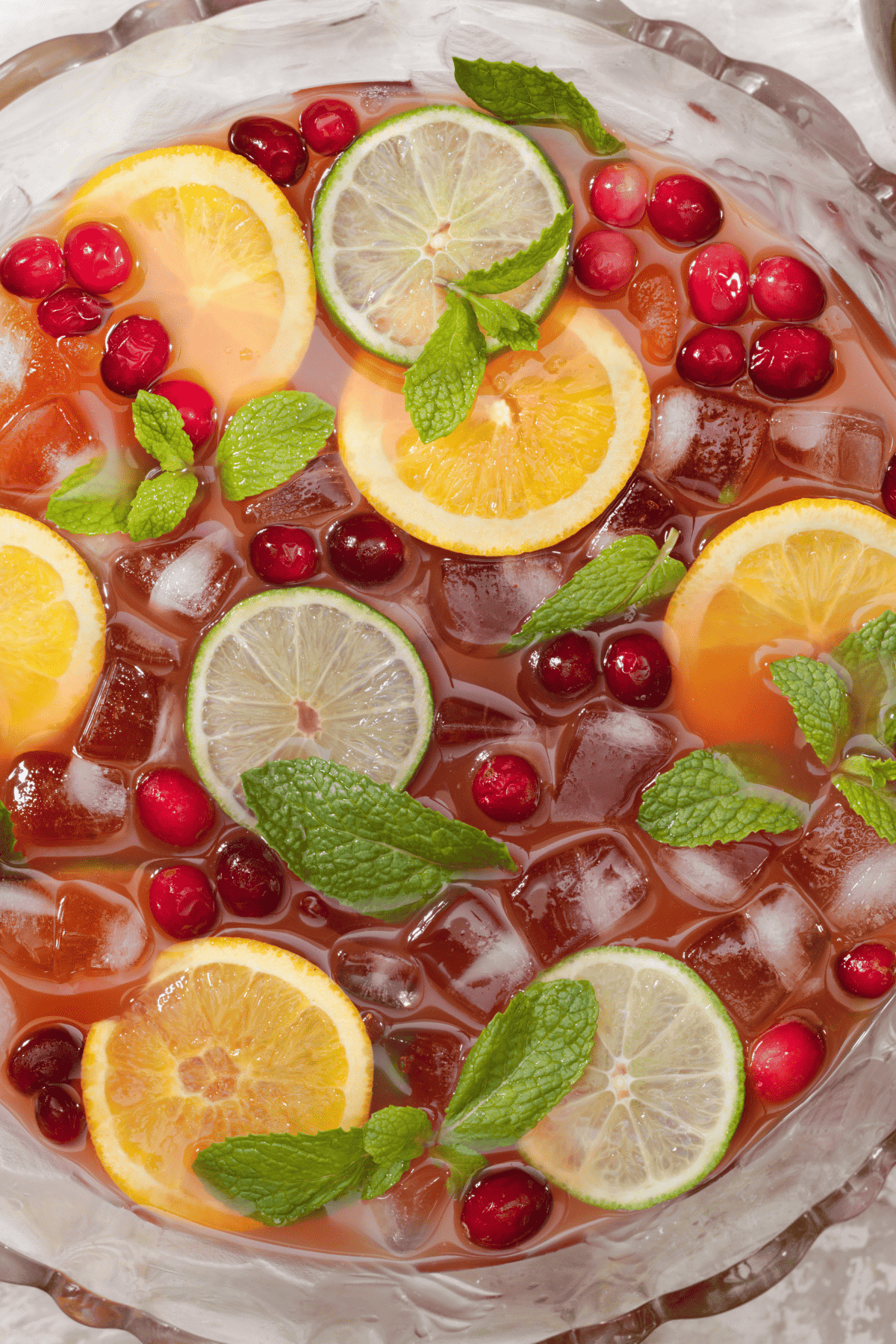 A punch bowl with sparkling cranberry cocktail and many fresh garnishes.