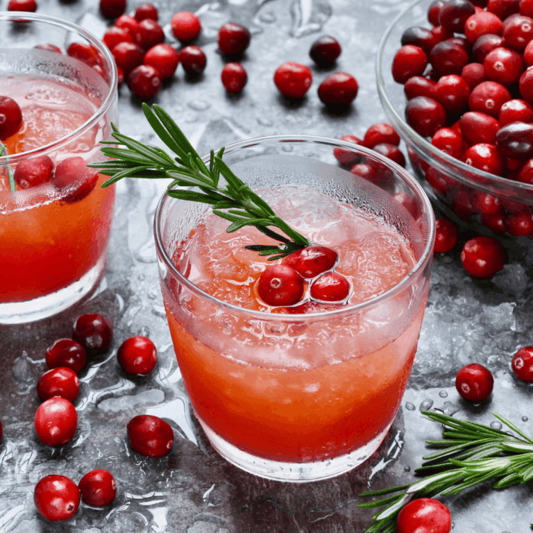 a glass of sparkling cranberry cocktail with vodka plus some fresh cranberries and rosemary sprigs.