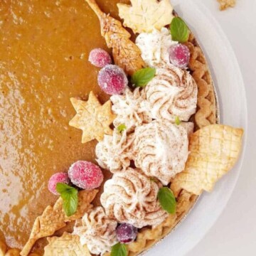 half best sweet potato pie decorated for Thanskgiving