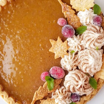 close up of southern sweet potato pie decorated for the holidays