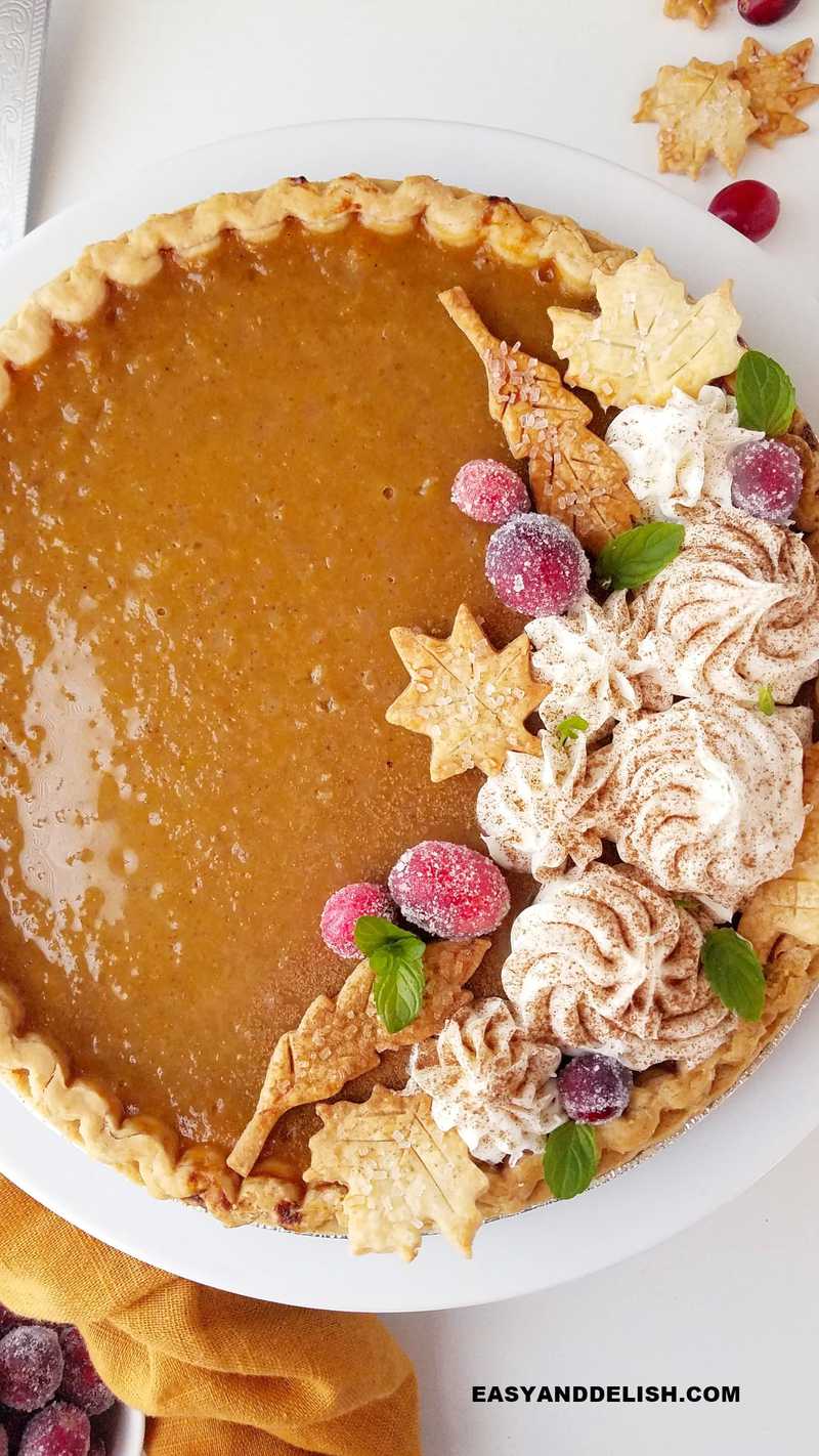 close up of southern sweet potato pie decorated for the holidays
