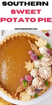 sweet potato pie close up topped with cranberries and whipped cream