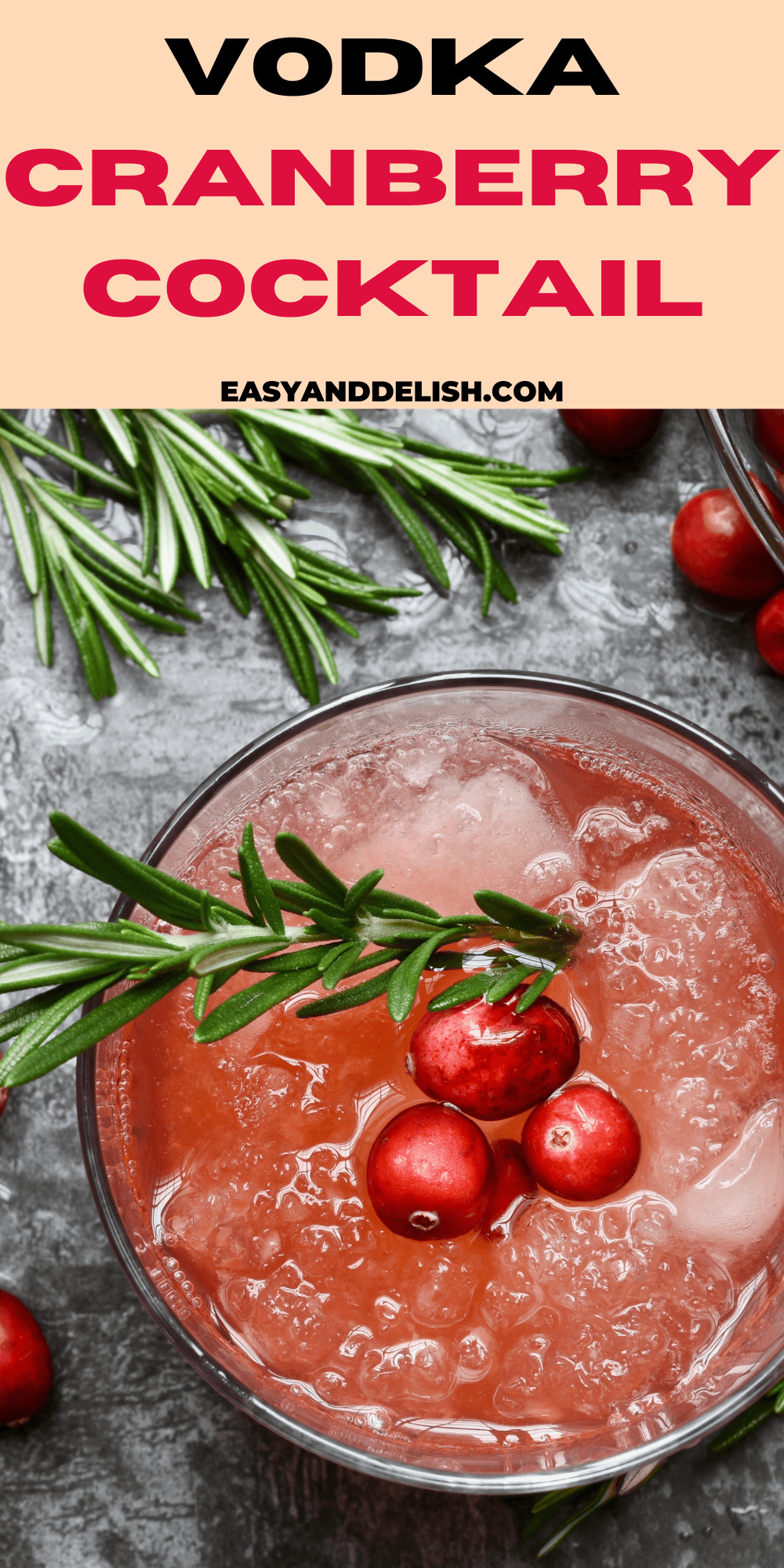 close up image pin of a glass of vodka cranberry cocktail.