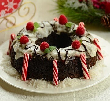 Christmas chocolate prune bundt cake with coconut glaze
