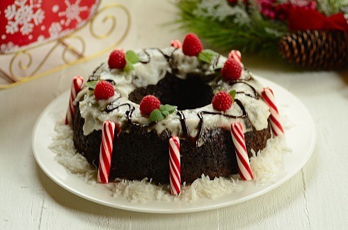 Christmas chocolate prune bundt cake with coconut glaze