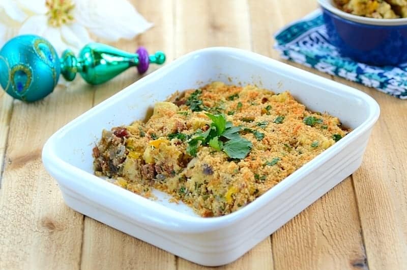 savory bread pudding with Christmas ornaments on the side